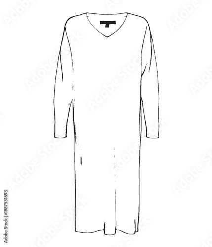 Minimalist V-Neck Long-Sleeve Maxi Dress Line Art Sketch