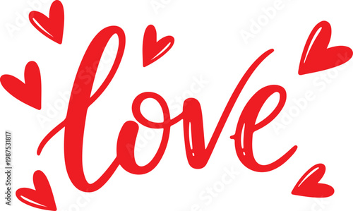 Red Cursive Love Typography Quote with Hand Drawn Heart Icons Isolated on White