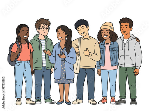 Diverse group of modern students: friendly hand-drawn doodle vector illustration, inclusive happy teenagers