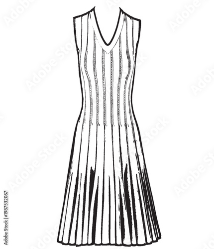 Sleeveless V-Neck Pleated Knit Dress Line Art Illustration