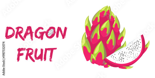 Dragon fruit, pitaya simple color vector illustration. lettering Dragon fruit, pitahaya. bright minimal design on white background isolated