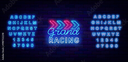 Grand racing neon emblem. Motocross rally. Drift show and championship. Shiny pink and blue alphabet. Editable stroke. Vector stock illustration