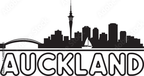 Auckland city skyline silhouette with Harbour Bridge and 1 sailboat icon vector illustration