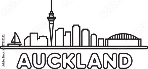 Auckland skyline 1 line art icon featuring the tall tower and harbor bridge in a flat vector