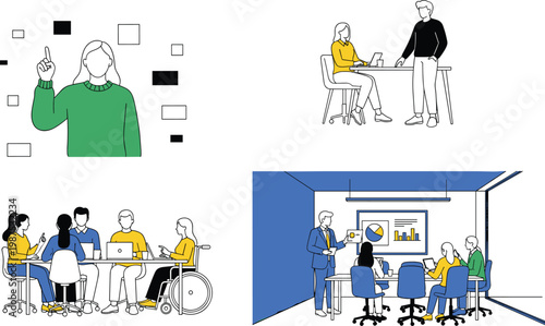 Inclusive business teamwork collaboration, corporate meeting presentation, diverse professionals brainstorming ideas, office discussion planning, workplace diversity, flat vector illustration
