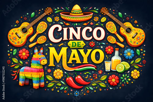 Vibrant Cinco de Mayo celebration graphic with colorful decorations