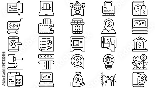 25 Finance and Business Vector Icon Set: Black Minimalist Symbols for Banking, E-commerce, Mobile Payments, Money, Security, Data Analysis, Investment, Law, and Digital Technology Bundle.