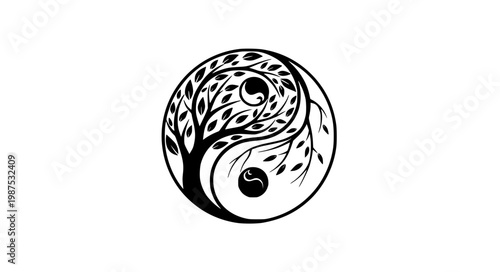 Yin yang tree vector illustration with golden leaves balance harmony symbol isolated on white background