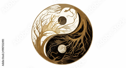 Decorative yin yang tree vector with golden artistic branches and roots symbol isolated on white