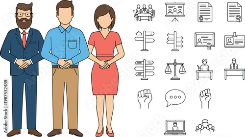 Professional business people team, corporate workforce diversity, legal and organizational management icons, office communication concept, flat vector illustration