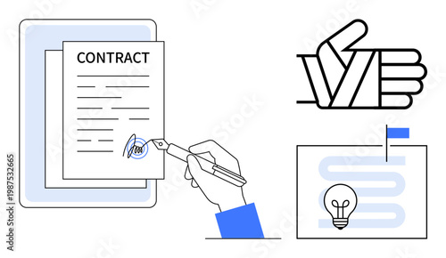 Contract signing process. Contract by a signed agreement, hand completing signature, achievement thumbs-up, and creative workflow imagery. Perfect for business, legal, agreements, workflow