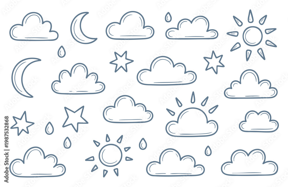 Obraz premium Minimal weather icons set with clouds sun moon stars and rain drops.