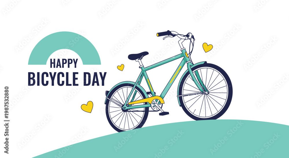 Fototapeta premium A bicycle illustrated in a flat vector style stands on a hill with small hearts and text celebrating an annual holiday for cycling.