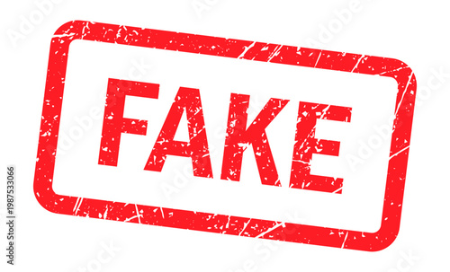Red fake rubber stamp vector, weathered grunge texture on rectangular frame, distressed fake news and counterfeit warning sign