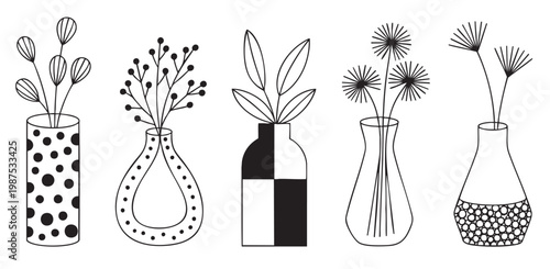 A set of decorative vases with flowers and plants in minimal doodle line style isolated on white background.