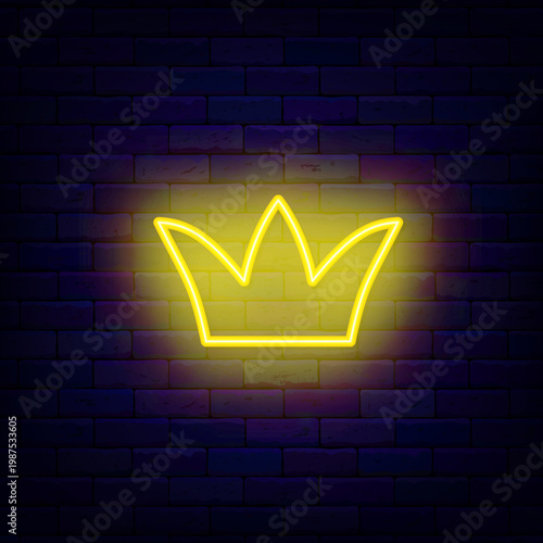 Crown neon icon. Royal headwear. King and queen accessory. Golden princess and prince jewelry. Editing text. Vector stock illustration