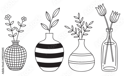 A set of decorative vases with flowers and plants in minimal doodle line style isolated on white background.
