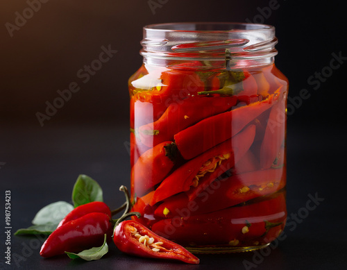 A red chili pepper, spicy and fresh, is placed in a glass jar on a black background, showcasing a vibrant Calabrian hot pepper ingredient. This preserved food is healthy, organic, and a natural vegeta