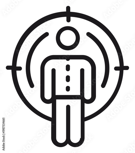 Target audience and recruitment vector icon illustration, featuring a black line human silhouette inside a circular crosshair symbol for marketing, headhunting, and business focus concepts.