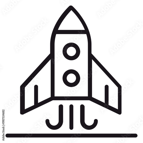 Billede på lærred Minimalist black line art vector icon of a rocket ship launching into space with exhaust smoke, symbolizing a business startup, innovation, speed, and technological progress on white background