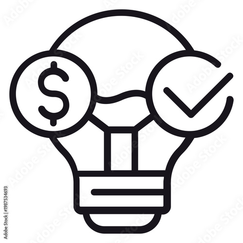 Business idea validation vector icon featuring a light bulb with a dollar sign and checkmark symbol. Minimalist black line illustration representing profitable innovation and creative success.