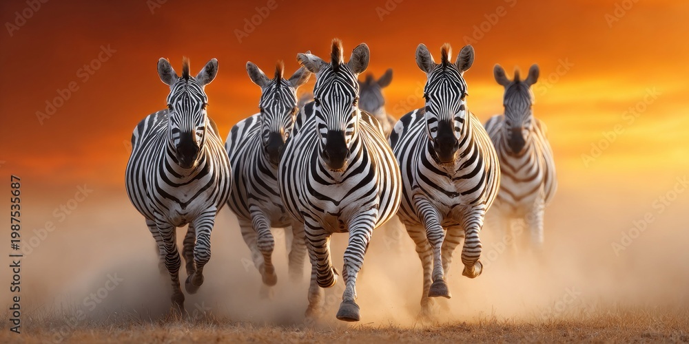 Fototapeta premium Herd of zebras running through dust at sunset, dramatic African wildlife scene