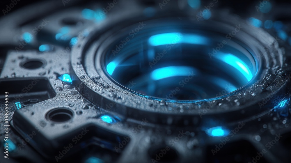 Fototapeta premium Intricate technological design glows with vibrant blue light in this close-up shot.