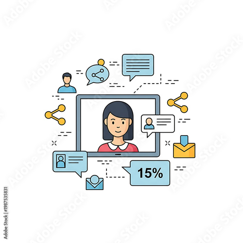 Woman on computer screen with icons.