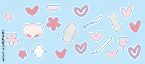 Pastel sticker set Feminine hygiene products including pads, menstrual cups, tampons period underwear Flowers, hearts Cute educational design for awareness, health topics modern feminine branding