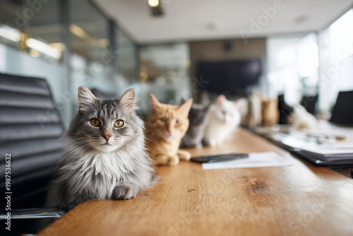 Group of cats sitting on table in office