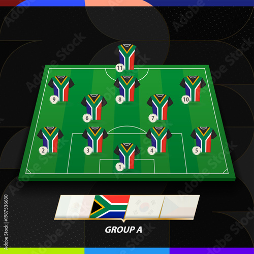 South Africa Football Team Lineup Formation on Soccer Field for International competition.