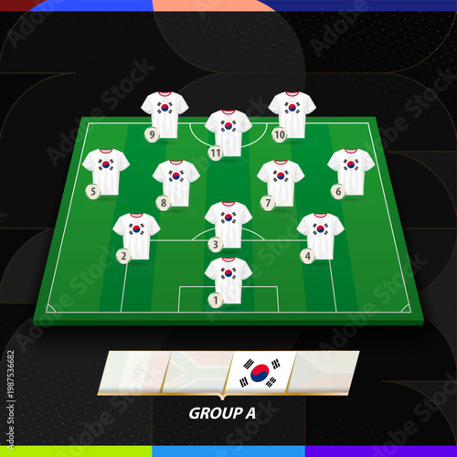 South Korea Football Team Lineup Formation on Soccer Field for International competition.