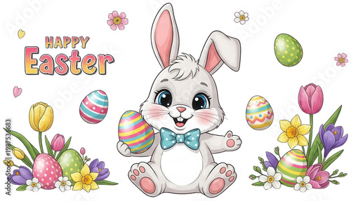 Cute bunny png Happy rabbit cutout Colorful egg png Spring flower cutout White hare png Easter character cutout Floral nature png Sweet animal cutout isolated transparent background image