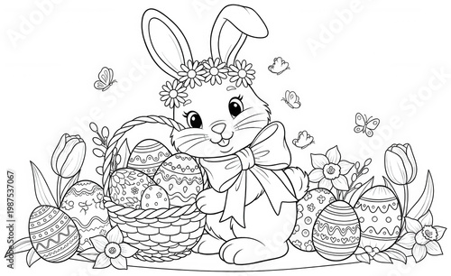 Cute Bunny png Happy Rabbit cutout Easter Egg png Festive Basket cutout Spring Flower png Adorable Butterfly cutout Cartoon Outline png Detailed Lineart cutout isolated transparent background image
