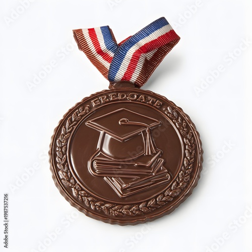 A bronze medal with a graduation cap and books on a ribbon