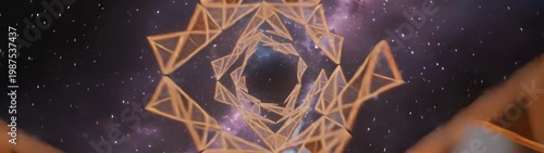 Geometric tunnel structure stretching through space and time, offering a voyage beyond the known universe with bright lights.