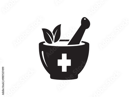Black silhouette of a mortar and pestle with leaves representing pharmacy and herbal medicine
