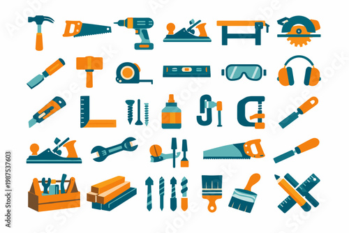 Comprehensive Flat Vector Icon Set of 30 Woodworking and Carpentry Tools in Duotone Style Featuring Hammer, Saw, Drill, Plane, Workbench, Chisel, Mallet, Tape Measure, Level, Goggles, and Clamps.