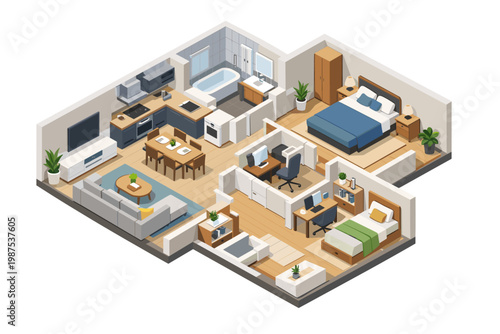 Modern Apartment Interior Layout Floor Plan Vector Isometric Illustration. Detailed House Rooms with Furniture: Living Room, Kitchen, Dining Area, Bathroom, Bedroom, and Home Office Workspace.