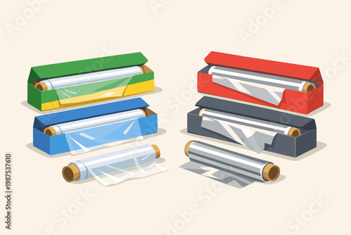 Vector illustration of kitchen food storage wraps including plastic cling film and aluminum foil rolls in colorful dispenser boxes. Collection of essential household packaging and storage tools.