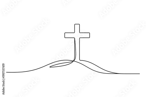 Continuous One Line Drawing of a Christian Cross on a Hill. Minimalist Religious Symbol of Faith and Spirituality, Calvary or Golgotha Scene for Easter, Good Friday, and Church Design Vector.