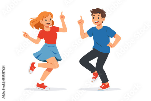 Happy Young Caucasian Couple Dancing Together in Flat Vector Illustration Style, Joyful Man and Woman in Casual Clothes Celebrating and Having Fun, Isolated on White Background for Design