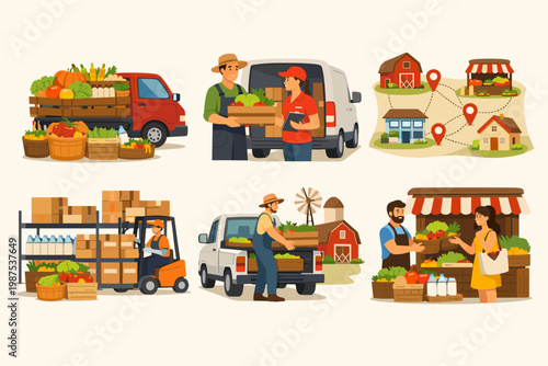 Farm products distribution vector illustration set showing farmers loading trucks, delivery logistics, warehouse storage, route maps, and customers buying fresh local organic vegetables.