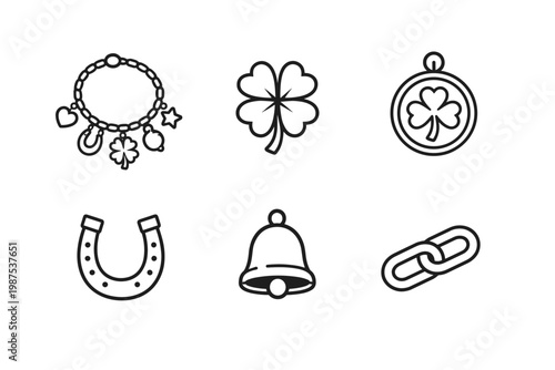 Collection of good luck charm and jewelry line icons featuring a charm bracelet with heart and horseshoe, four-leaf clover, shamrock medallion, lucky horseshoe, bell, and chain link vector art.
