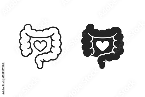 Gut health icon vector set featuring line and glyph styles of human intestine with heart symbol for healthy digestion, probiotics, wellness, medical care, and gastrointestinal system anatomy.