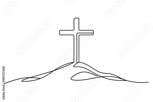 Continuous one line drawing of a Christian cross on a hill, minimalist religious symbol of faith and spirituality. Simple vector art for Easter, church, crucifixion, and Christian devotion.