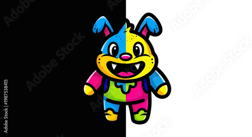 Colorful cartoon character with rabbit ears.