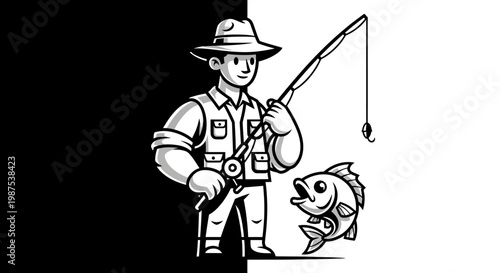 Man catching fish with fishing rod.