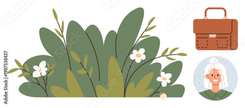 Environmental awareness, office-related , personal connections, eco-friendly workspaces, professional identity, lifestyle. Green foliage with flowers, a briefcase and a female face. Environmental