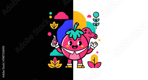 A cheerful cartoon strawberry character surrounded by colorful shapes and leaves.